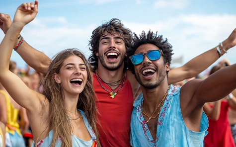 Drie vrienden op een festival steken hun armen in de lucht en vieren de muziek.