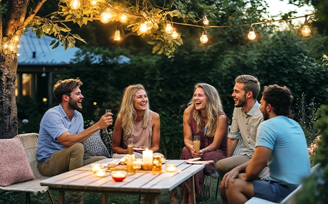 Vrienden houden thuis een gezellig tuinfeest en genieten van de zomer.